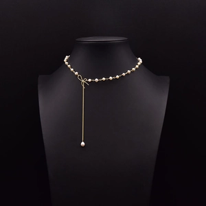 Elegant Copper Gold Plated Necklace With Freshwater Pearl And Rhinestone Bowknot Tassel For Women Vintage Wedding Jewelry