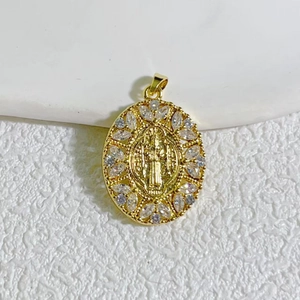 Religious figure oval pendant in 18K gold plated metal with sparkling zircon stones