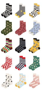 Detailed grid view of cotton crew socks featuring 15 diverse colorful knit patterns
