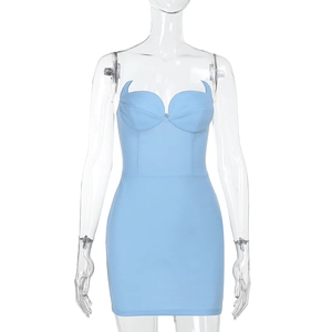 Close-up of the sky blue sweetheart neckline on a slim-fit strapless bodycon dress