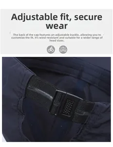 Detail of adjustable elastic strap and buckle on dark blue quick-dry baseball cap