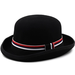 Elegant black wool bowler hat for women featuring a stylish tri-color striped ribbon band