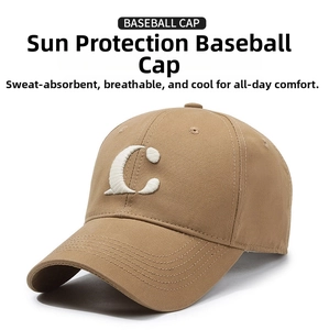Close-up of khaki cotton baseball cap featuring 3D white embroidered letter C detail