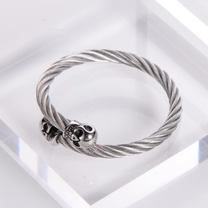 304 stainless steel cable wire bracelet with double skull heads in silver punk style