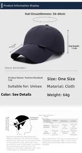 Detailed sizing chart for baseball cap showing brim length and head circumference guide