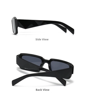 Seiten- und Rückansicht der Retro-Rechteck-Sonnenbrille mit geometrischen Bügeln