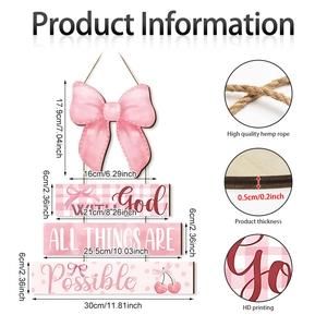 Pink bow cherry wood hanging sign with God All Things Are Possible text for girls bedroom