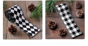Close-up of black and white checkered and diamond pattern decorative ribbons with wire edges