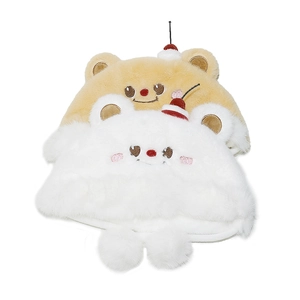 Detail of plush bear earflaps hats with cherry decor in white and brown fur