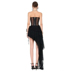 Back view of black strapless corsage and asymmetric tiered mesh skirt with zipper detail