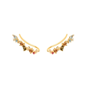 Elegant gold-tone ear crawlers with vibrant multicolor cubic zirconia in curved design