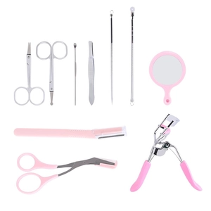 Professional Pink Eyebrow Grooming Kit For Women Stainless Steel Scissors Eyelash Curler Razor Tweezers Tool With Pouch