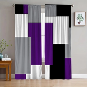 Detail view of modern geometric square pattern polyester curtains in purple and grey