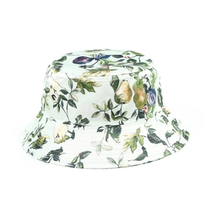 Detailed view of bucket hat stitching with vintage fruit print on mint green canvas