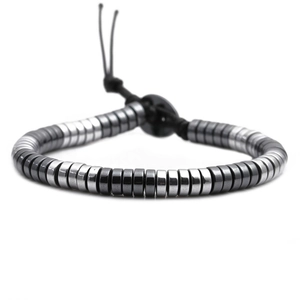 Men's hematite beaded bracelet with black and silver metal beads and woven rope cord