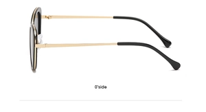 Detailed side view of black cat-eye sunglasses with slim golden metal temples