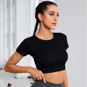 Women's European Ribbed Hollow-out Backless Sports Top Nylon Spandex Slim Fit Short Sleeve Yoga Running Fitness Crop Top