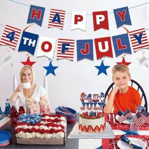 Family celebrating with Happy 4th of July party decoration set and American flag theme banner
