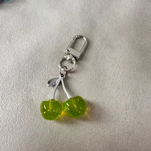 Sparkling 3D green cherry keychain with glitter resin fruit and silver metal hardware
