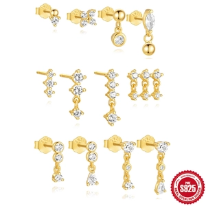 S925 Sterling Silver Geometric Zirconia Stud Earrings For Women Gold Plated Minimalist Fashion Piercing Jewelry Accessory Gift