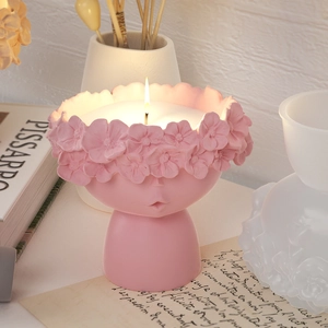 DIY silicone mold for girl figurine candle holder with floral wreath detail