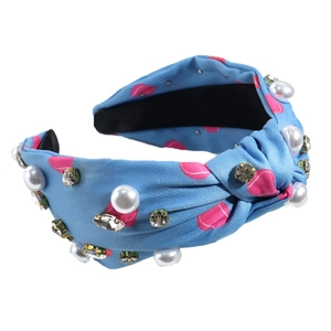 Bandeau noué à la mode avec perles et strass au motif à pois bleu et rose élégant
