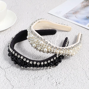 Serre-têtes baroques élégants avec perles et strass en noir et blanc crème