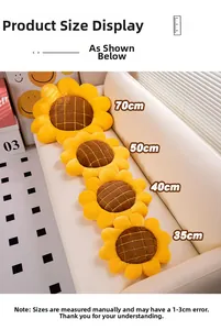 Detailed size comparison of sunflower plush cushions from 35cm to 70cm on a sofa