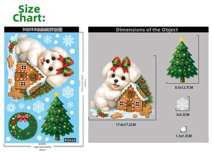Detailed dimension layout for Christmas window decals with cute dog and gingerbread house