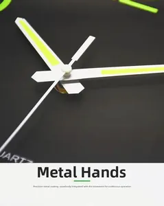 Detailed macro shot of glow-in-the-dark metal hands on a 12-inch quartz wall clock