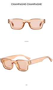 Front and side views of champagne rectangular sunglasses showing metal hinge details