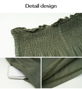 Détails du pantalon vert montrant la taille smockée, la poche latérale et l'ourlet