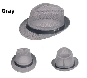 Detail of gray breathable mesh hat with black leather strap and metal buckle accent