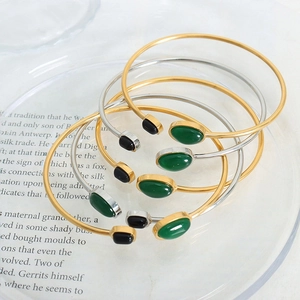 Vintage Palace Style Titanium Steel Open Cuff Bracelet With Black Agate Green Stone Inlaid Retro Jewelry For Women Jewelry