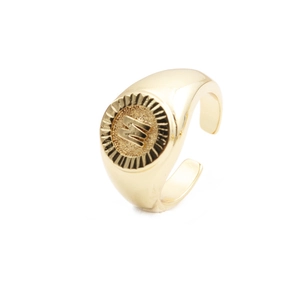 Detailed macro view of 18k gold plated signet ring featuring engraved letter M design