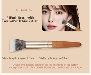 Mini dual-fiber stippling brush with soft bristles and light wood handle for blush
