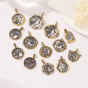 Vintage Greek Roman Portrait Relief Pendant Copper Coin Style With Zircon And Artificial Pearl Elegant Jewelry For Women