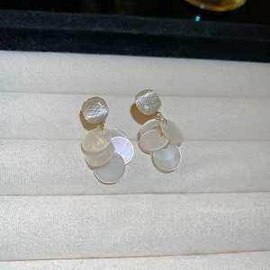 Detail of round shell tassel earrings with golden grid pattern in a jewelry box