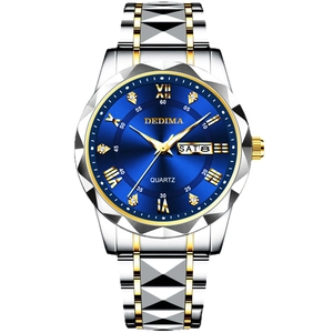 Luminous quartz watch with blue dial, gold steel strap, and day-date display features