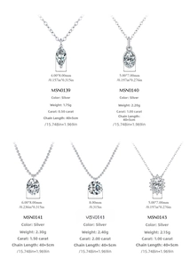 Vertical grid showing silver moissanite pendants in various cuts with sizing and carat details