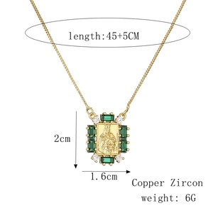 Detail view of gold square necklace with green zircon and religious relief pendant dimensions