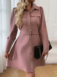 Elegant dusty rose long sleeve shirt dress with waist belt and chest pockets for women