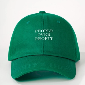Dark green adjustable baseball cap featuring white People Over Profit embroidery