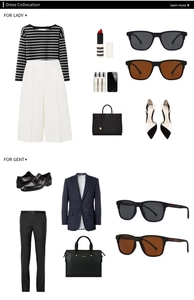 Flat lay of classic TR sunglasses paired with stylish outfits for men and women