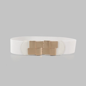 Detail view of the white elastic waist belt with a square gold metal buckle clasp