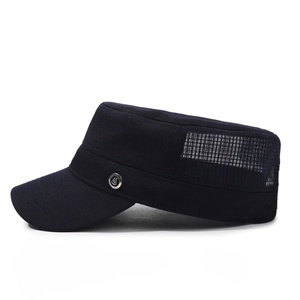 Navy blue flat top military hat with breathable mesh side panels and metal logo