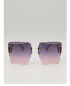Detail of square oversized frameless sunglasses with gradient purple lenses and gold accents