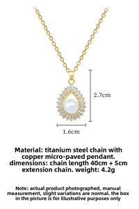 Detail of gold water-drop pearl necklace with crystal zircon inlay on titanium steel chain