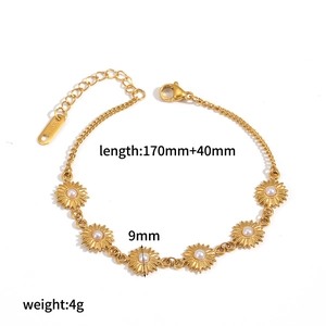 Detailed view of 18k gold plated sunflower bracelet with length and weight specs