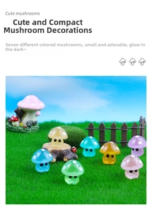 Detail shot of seven colorful luminous resin mushroom figurines for micro landscape decor